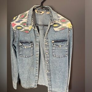 Salt Valley Western Denim Pearl Snap Shirt Long Sleeve Aztec Southwestern XS